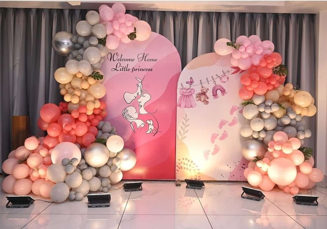 Pink balloon birthday photo backdrop