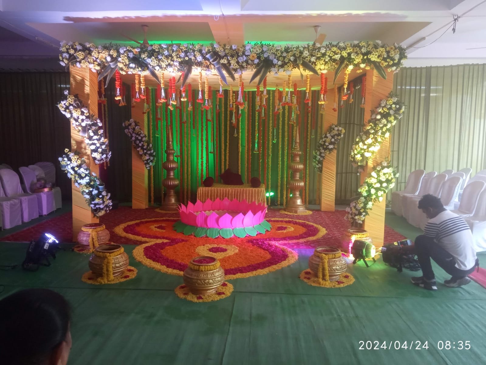 Indoor seating area with festive lighting and decor