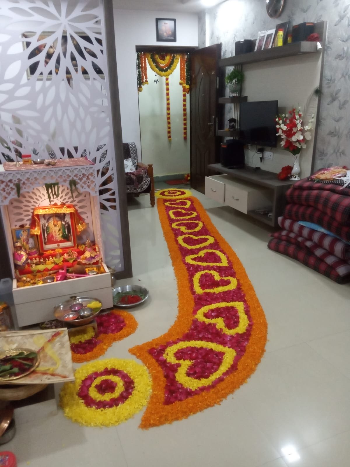 Home interior decorated for a ceremonial setup